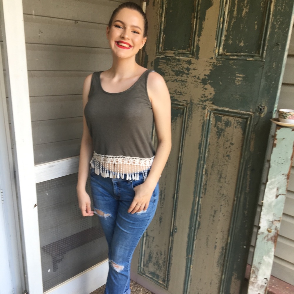 Cropped Army Green Tank Top with White Fringe